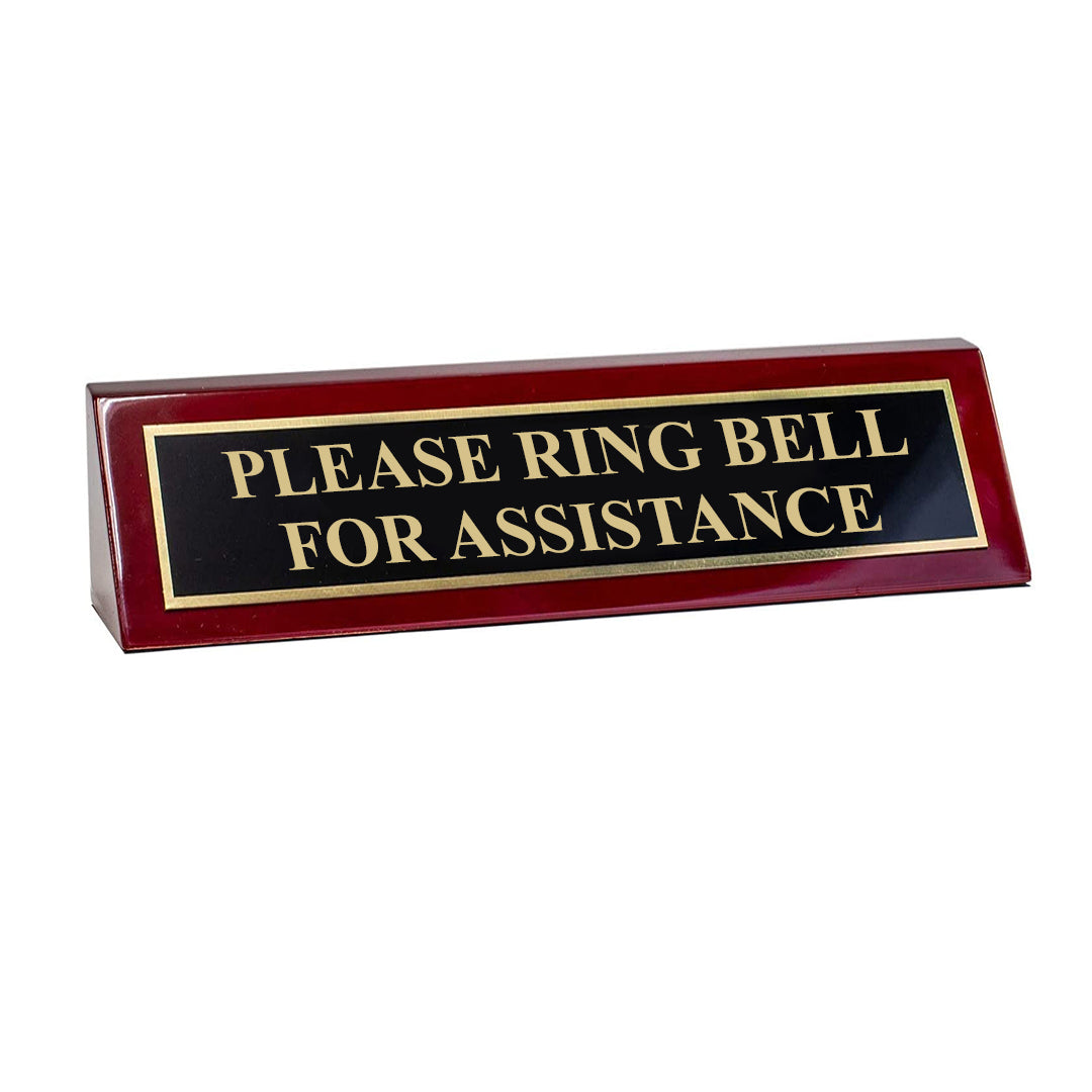 Piano Finished Rosewood Standard Engraved Desk Name Plate 'Please Ring Bell For Assistance', 2" x 8", Black/Gold Plate