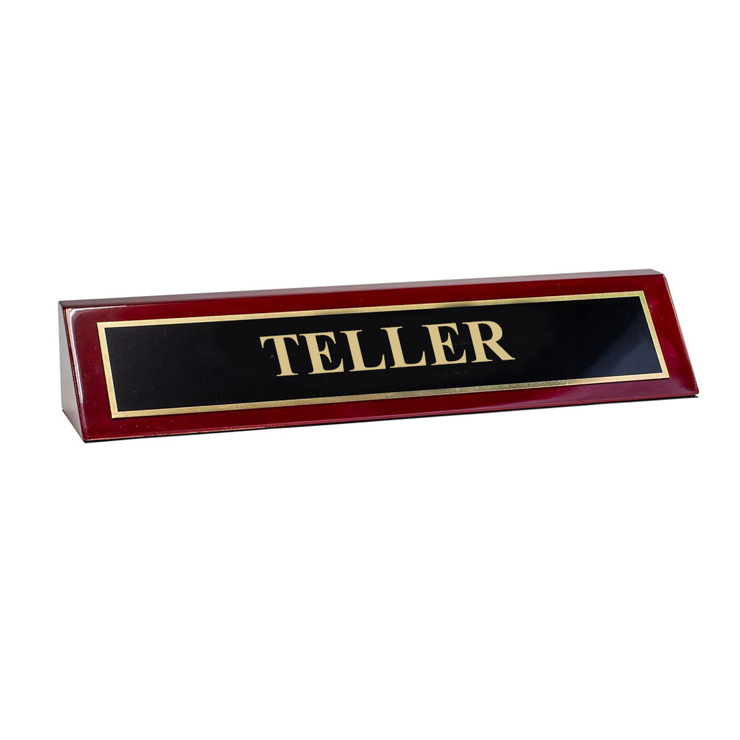 Piano Finished Rosewood Standard Engraved Desk Name Plate 'Teller', 2" x 8", Black/Gold Plate