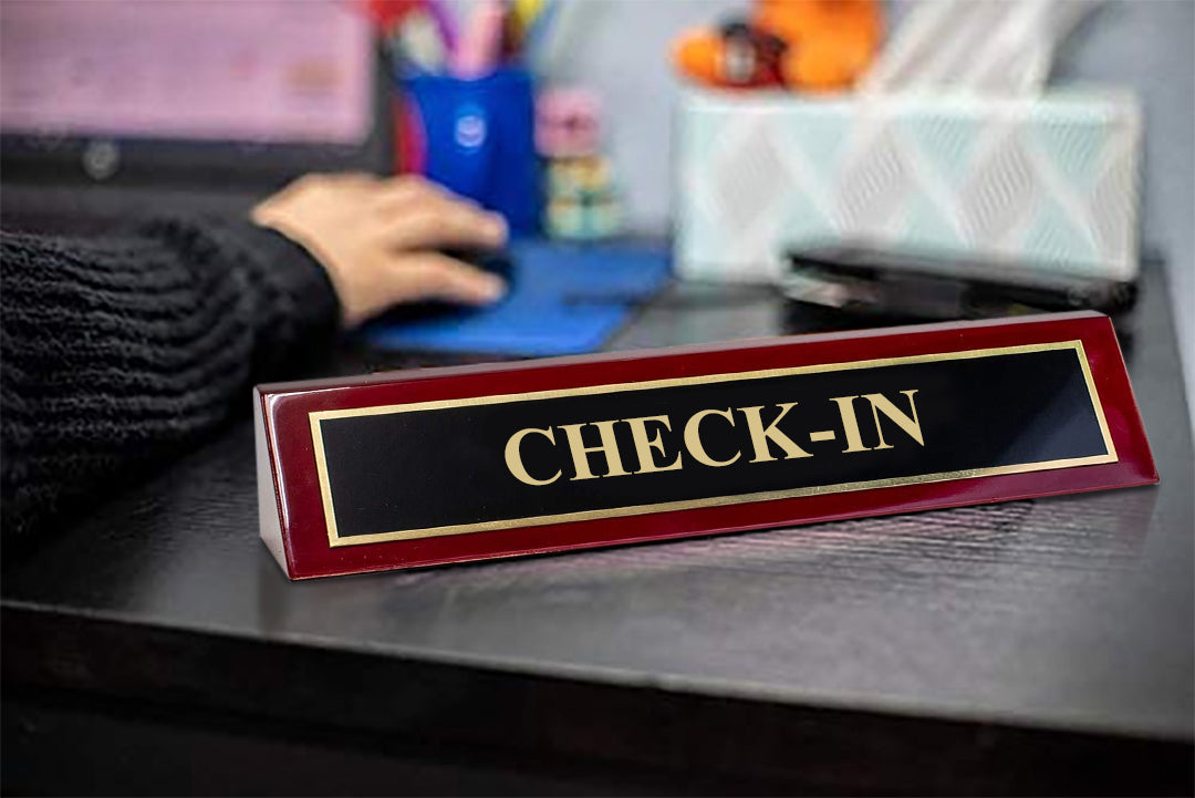 Piano Finished Rosewood Standard Engraved Desk Name Plate 'Check-in', 2" x 8", Black/Gold Plate