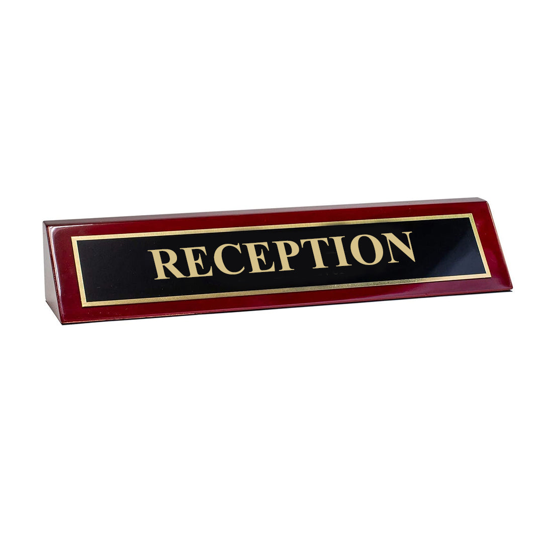 Piano Finished Rosewood Standard Engraved Desk Name Plate 'Reception', 2" x 8", Black/Gold Plate