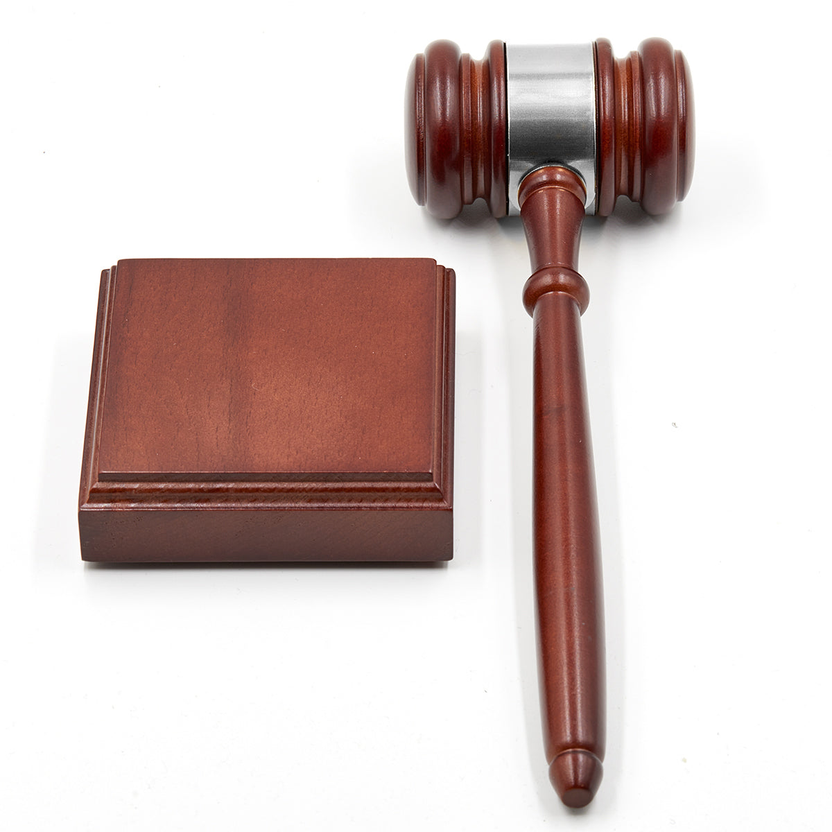 Wooden Gavel and Sound Block for Judge Lawyer Auction (Silver Band)