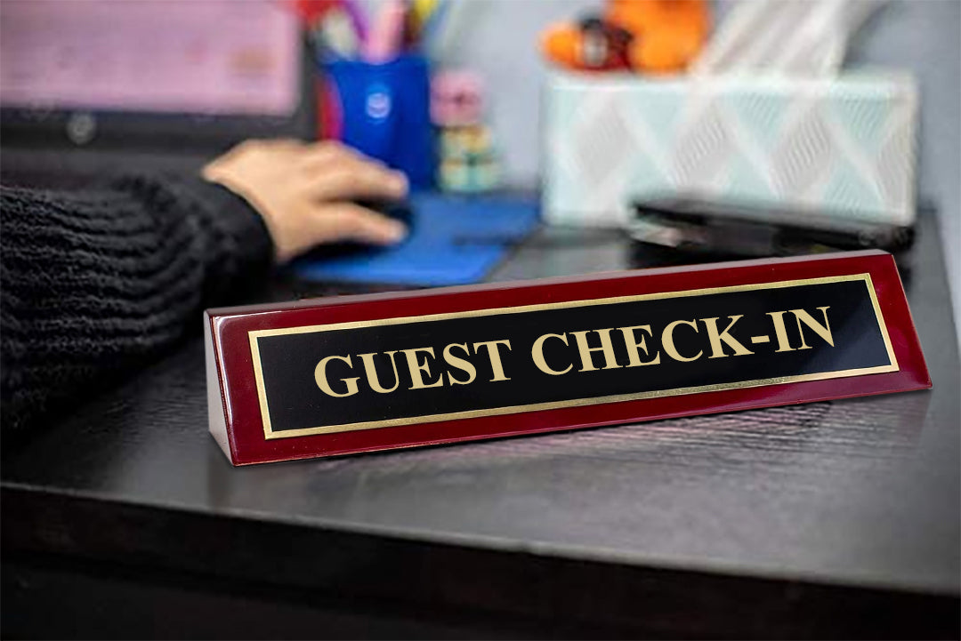 Piano Finished Rosewood Standard Engraved Desk Name Plate 'Guest Check-In', 2" x 8", Black/Gold Plate