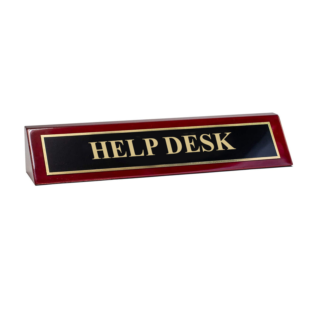 Piano Finished Rosewood Standard Engraved Desk Name Plate 'Help Desk', 2" x 8", Black/Gold Plate