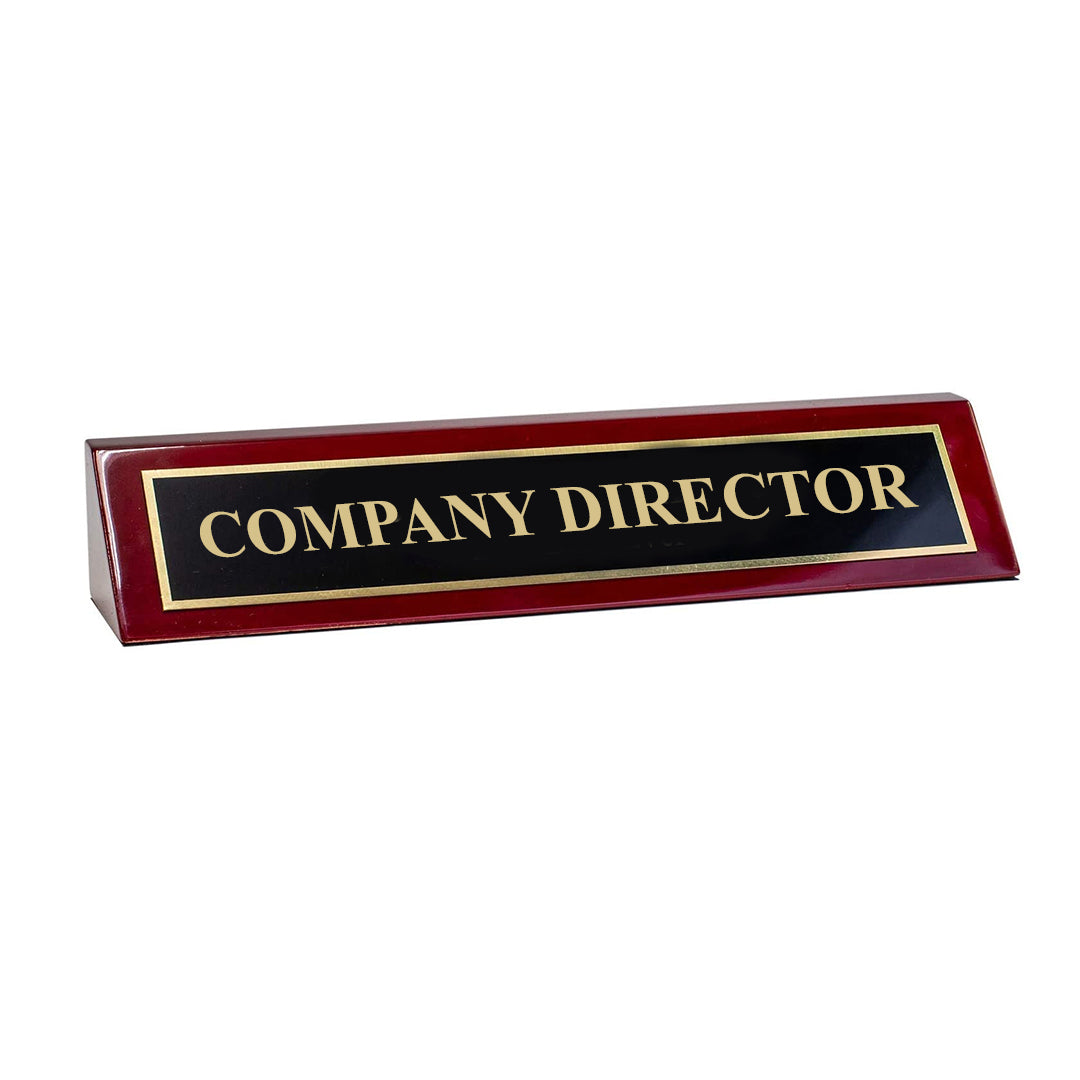 Piano Finished Rosewood Standard Engraved Desk Name Plate 'Company Director', 2" x 8", Black/Gold Plate