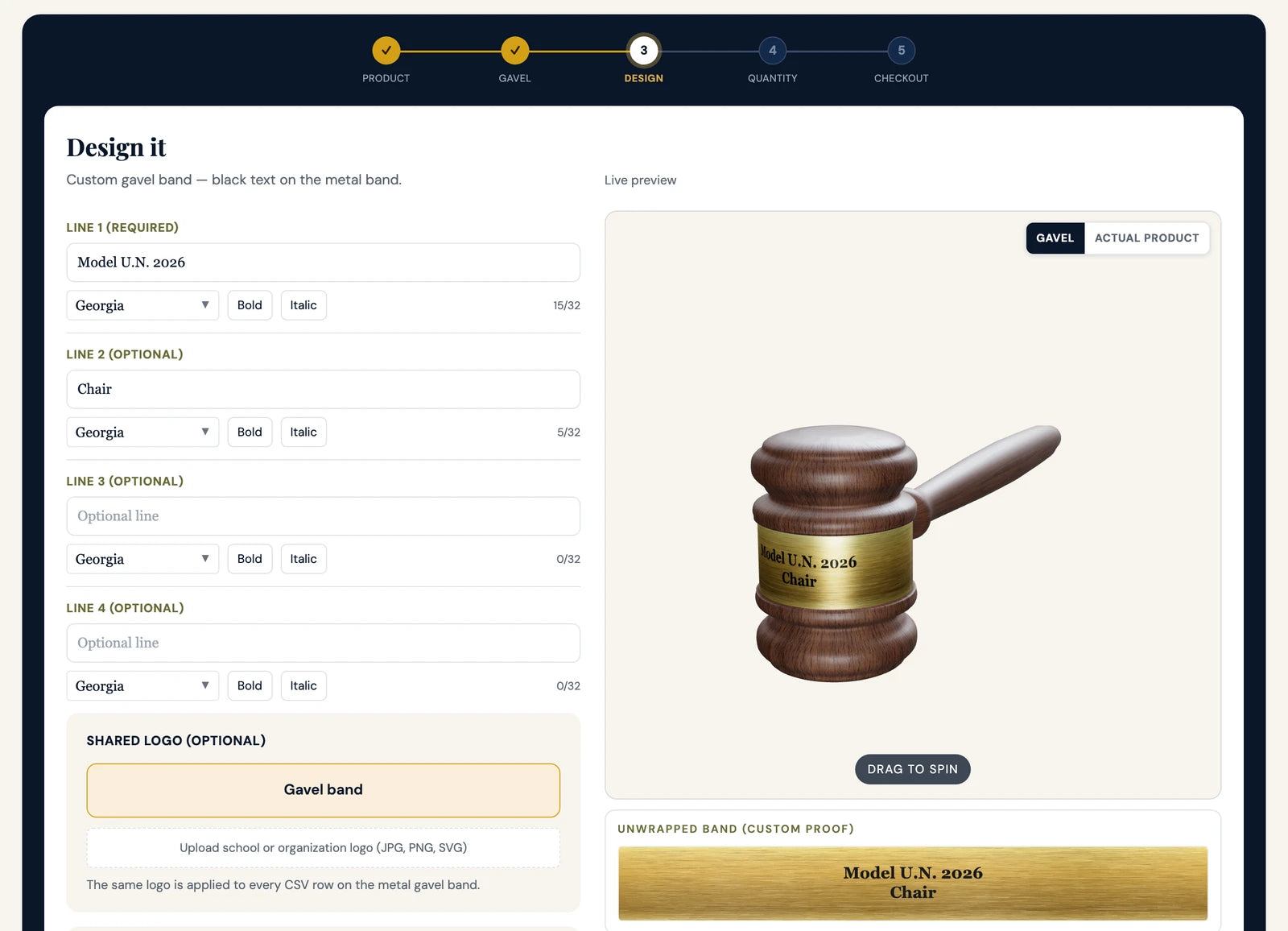 The Gavels Fast designer showing a live 3D preview of a walnut gavel with personalized text on its gold band