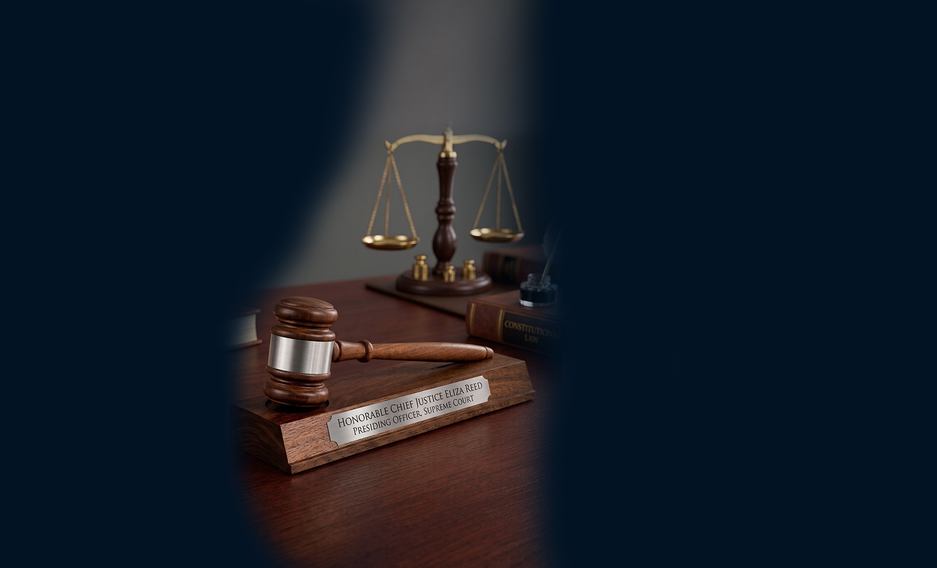 Personalized walnut gavel on a desk beside the scales of justice